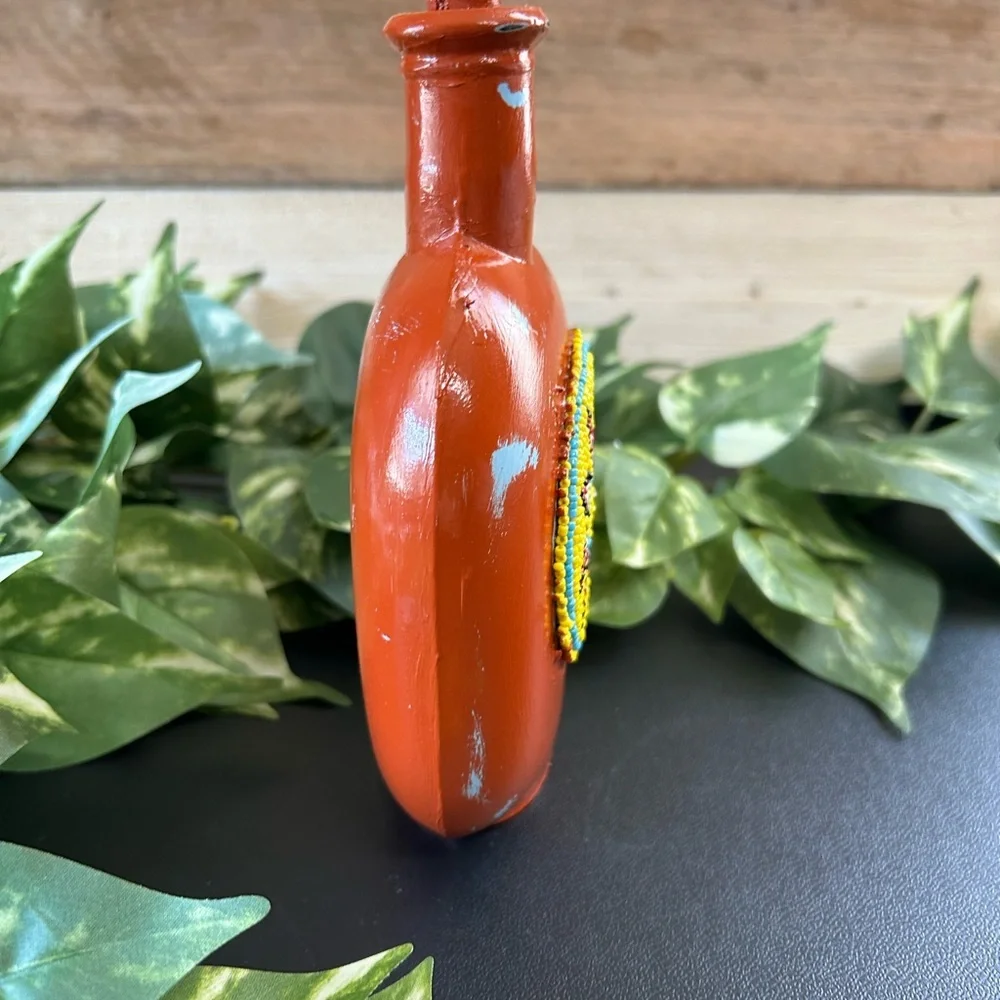 Upcycled‎ Native American Glass Beaded Jar Corked Distressed Shelf Sitter Decor